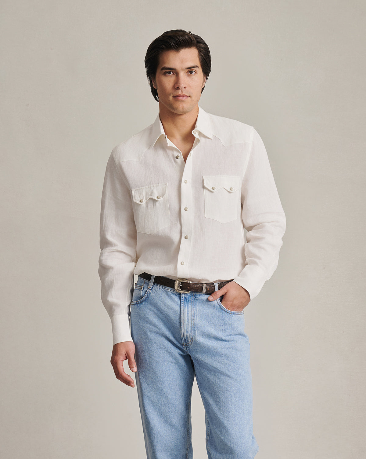 Western Shirt - White Linen Canvas