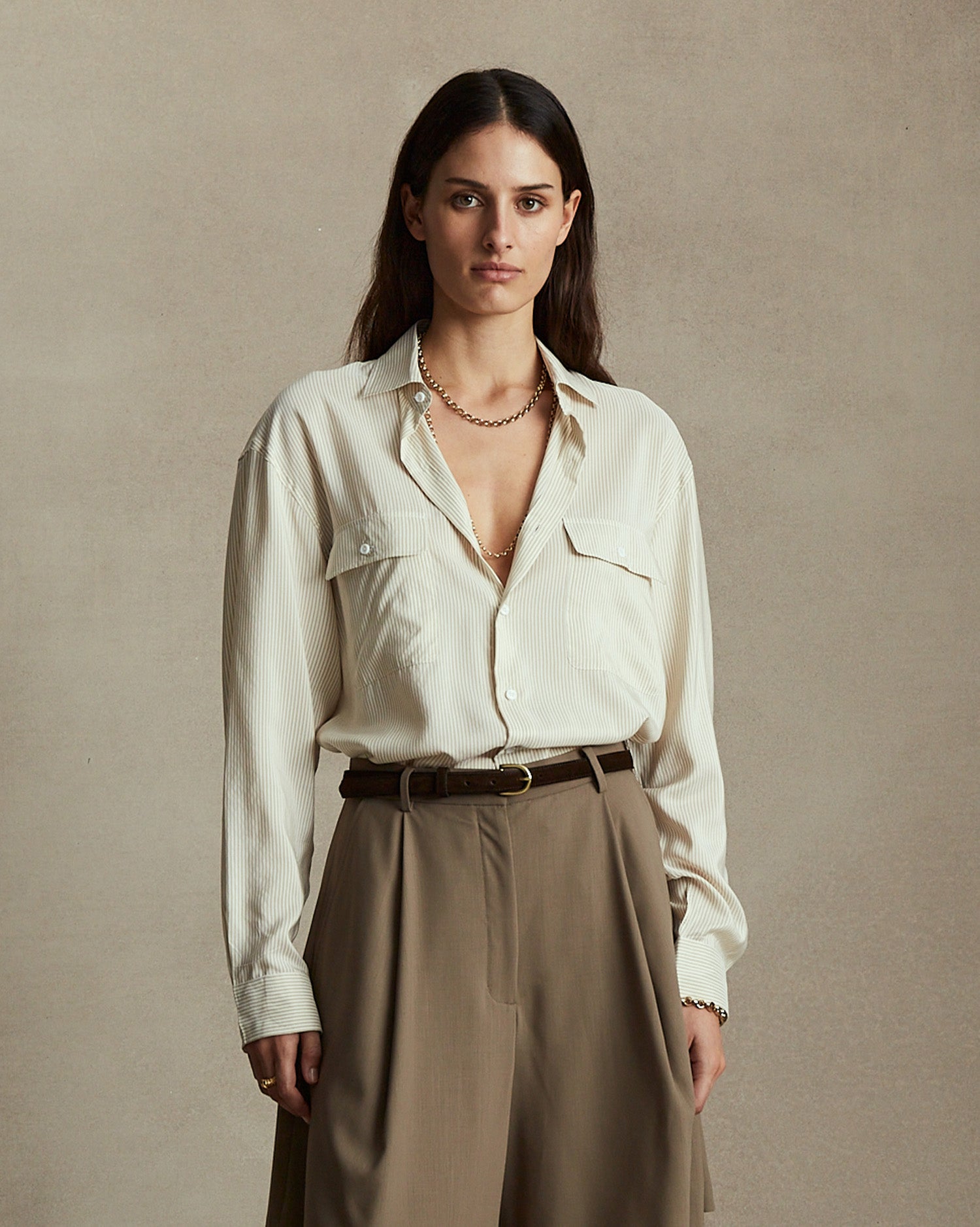 Camilla Shirt - Beige Stripe Silk