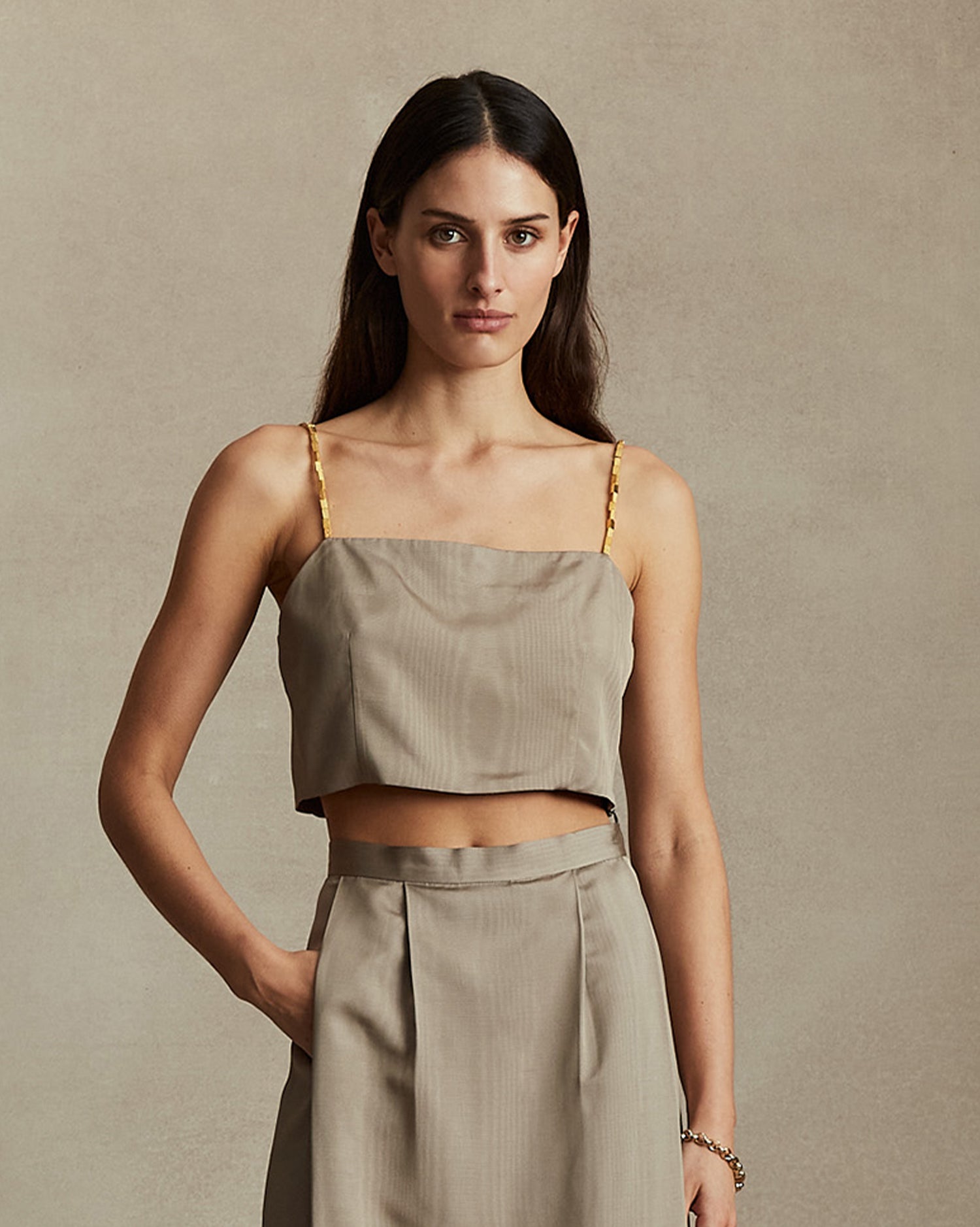 Helena Beaded Crop Top - Taupe Moire