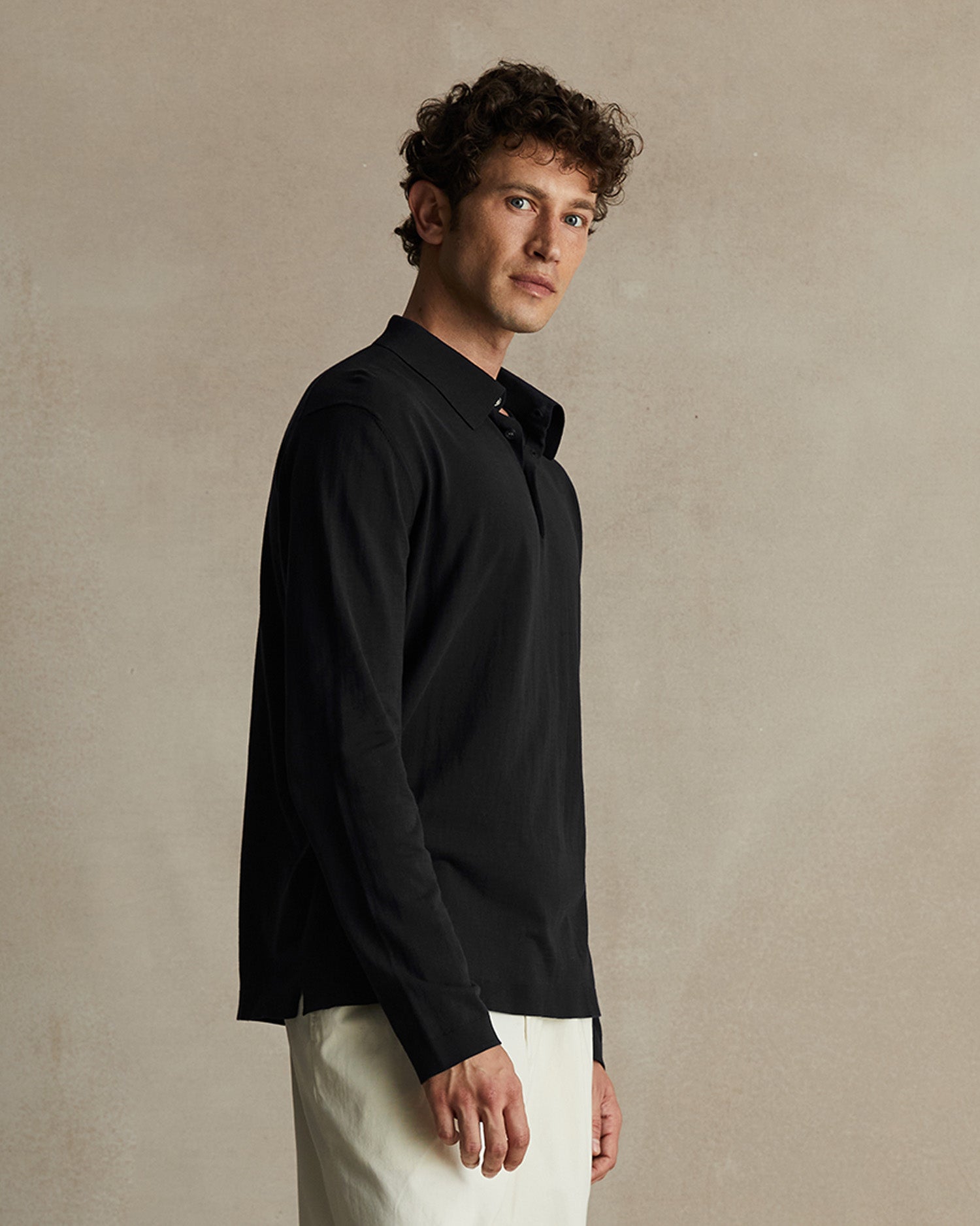 Ice Cotton Long Sleeve Polo - Black