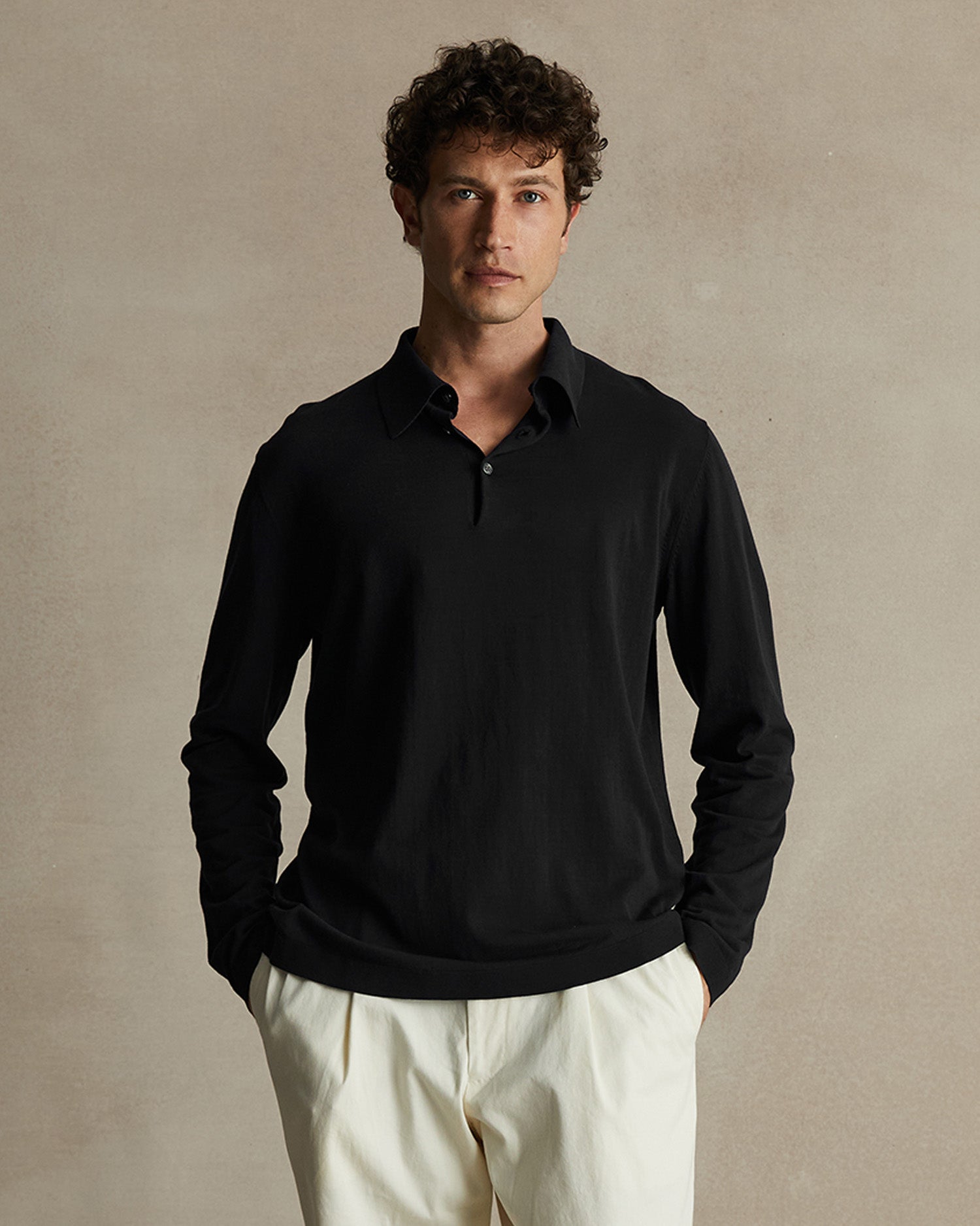 Ice Cotton Long Sleeve Polo - Black