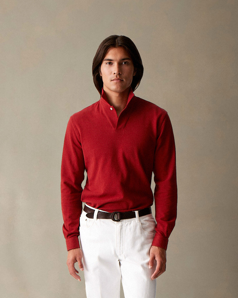 P Johnson Brick Red Long Sleeve Pique Polo