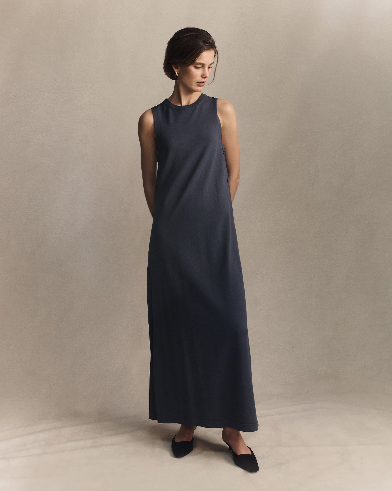 Crepe Knit Button Dress -  Oily Blue