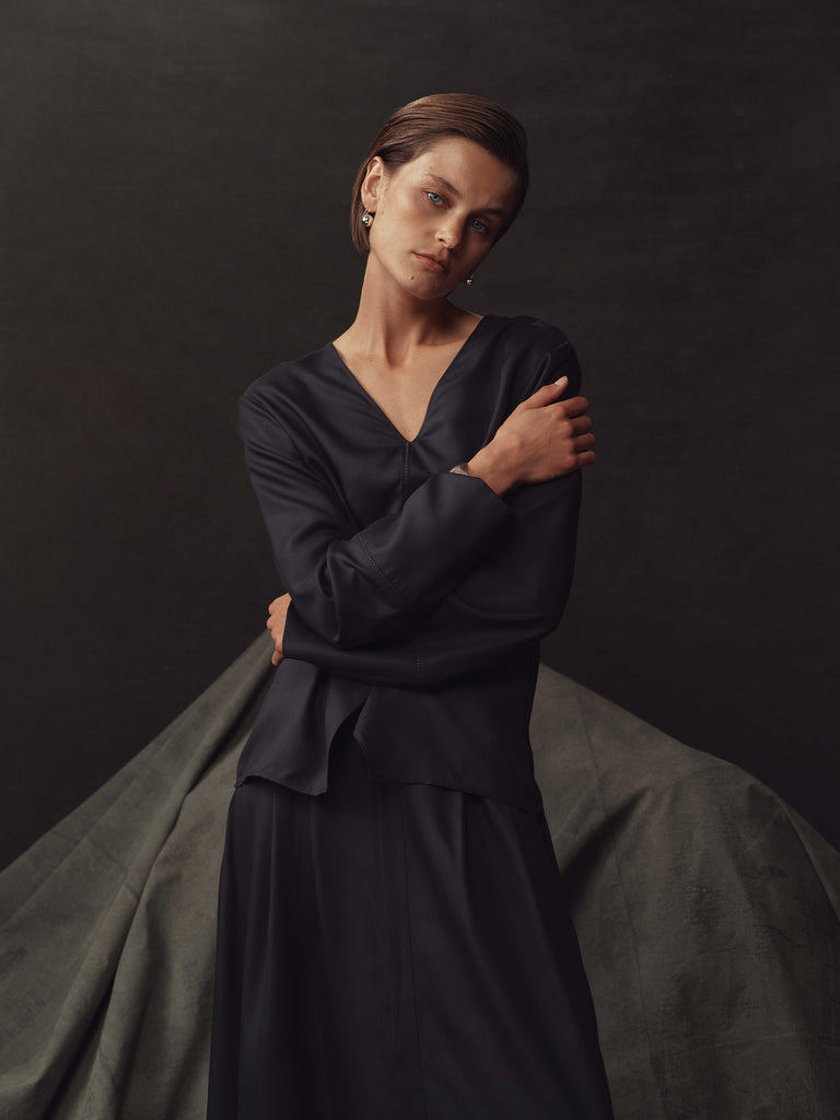 Maria Blouse - Navy Dupioni