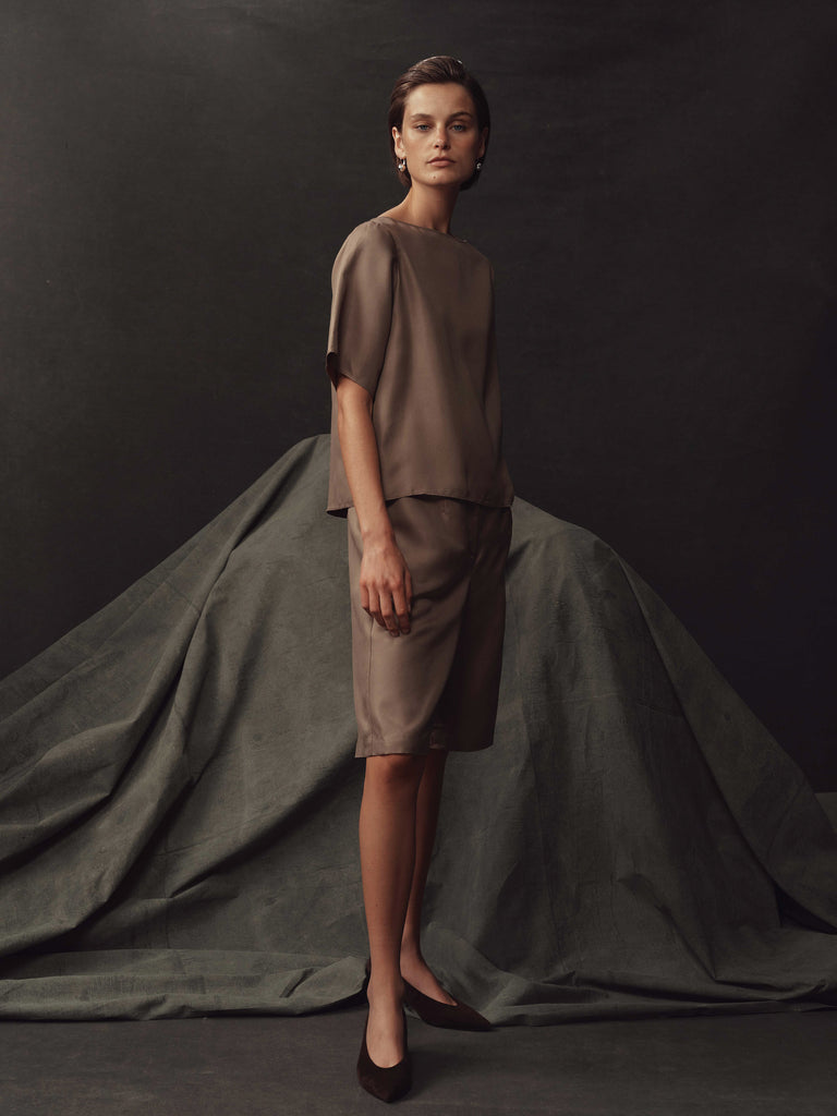 Boat Neck Top - Taupe Dupioni