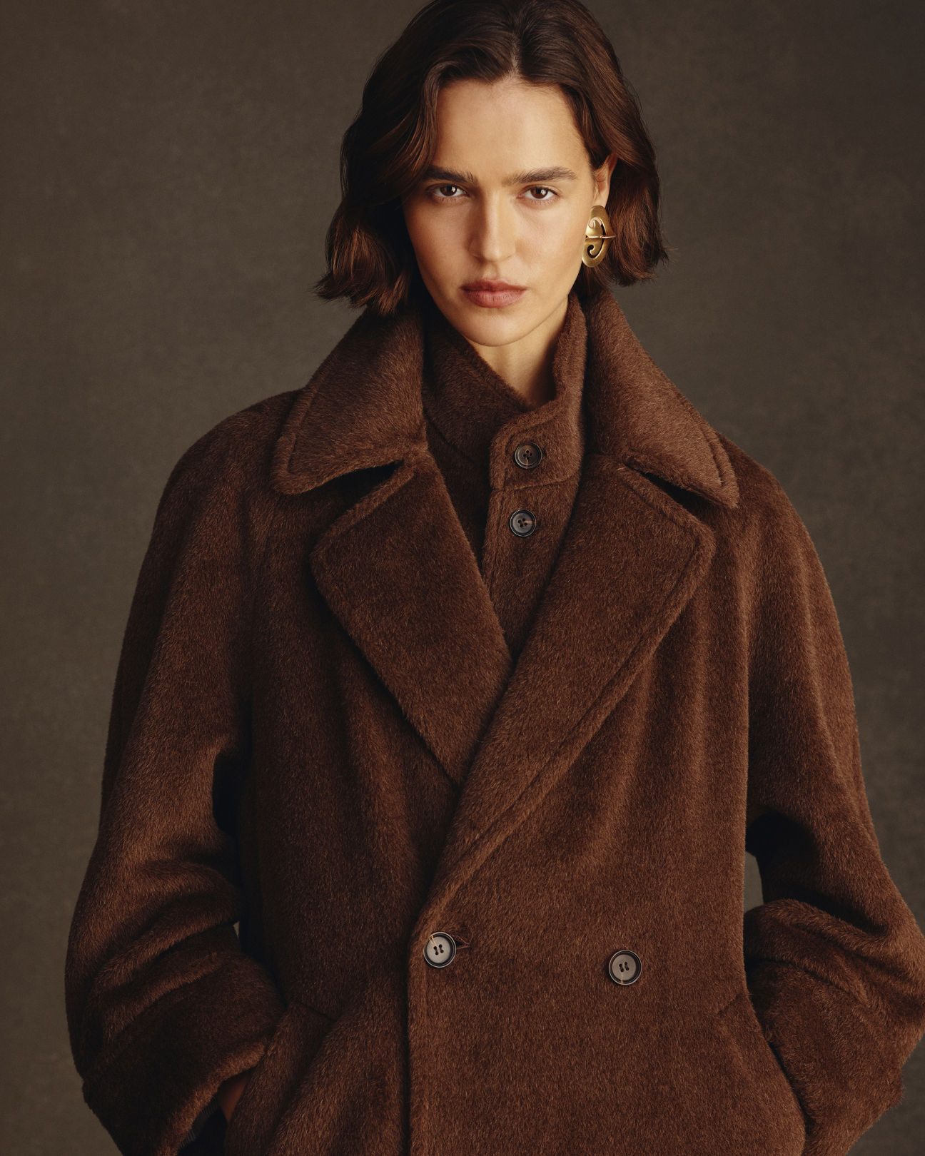 Double Breasted Raglan Overcoat - Brown