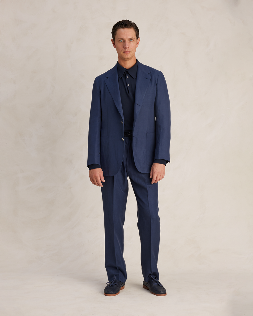 Mid Blue Silk Linen Cotton Single Breasted Suit