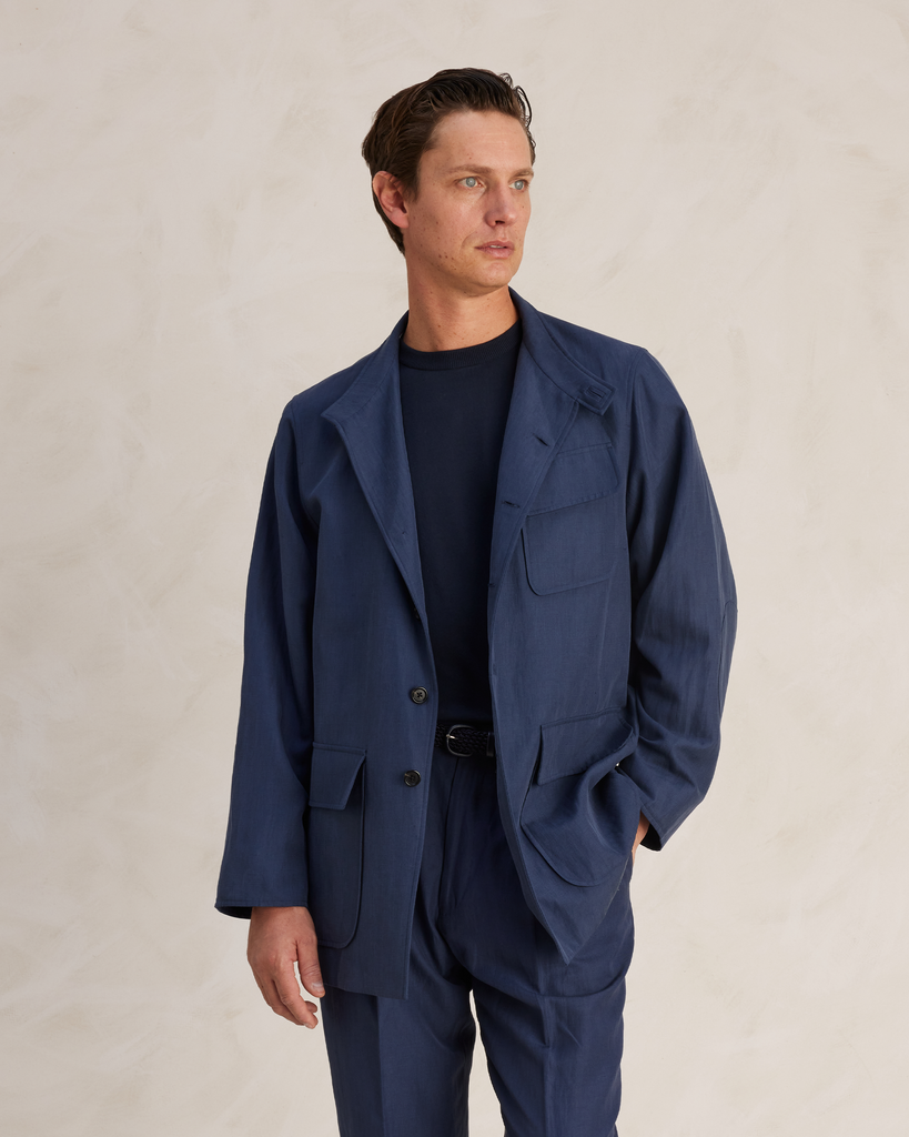 Mid Blue Silk Linen Cotton Corbu Jacket
