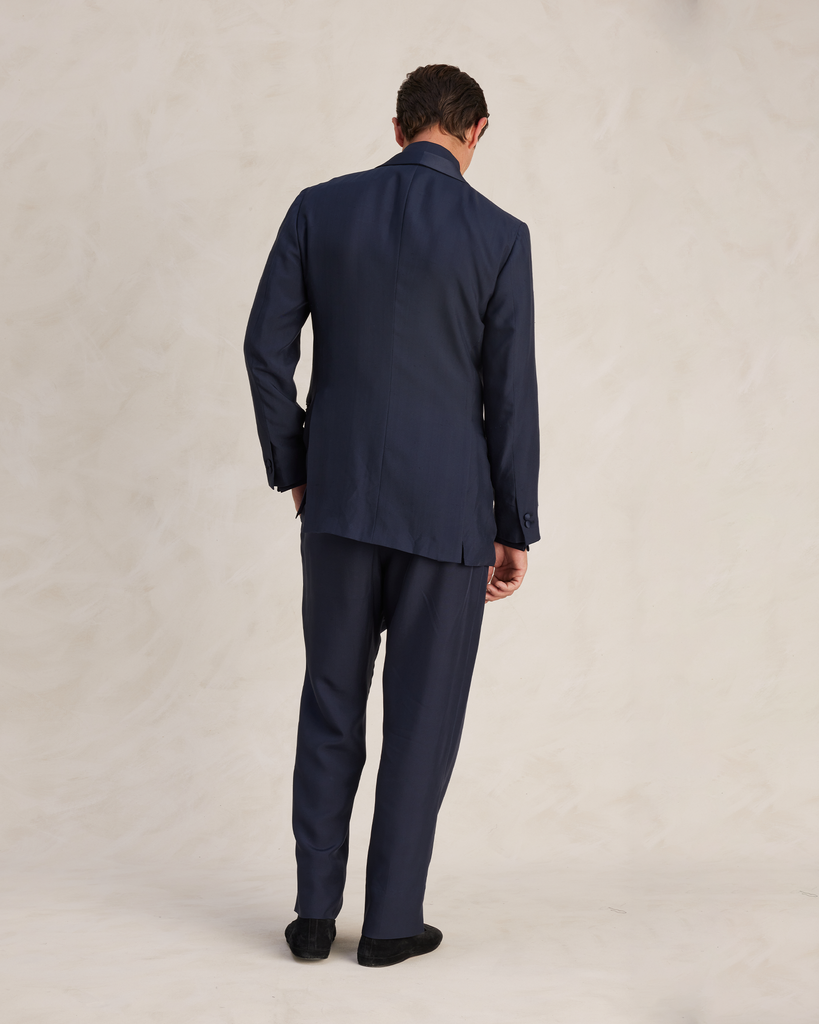 Navy Dupioni Silk Double Breasted Shawl Lapel Tuxedo