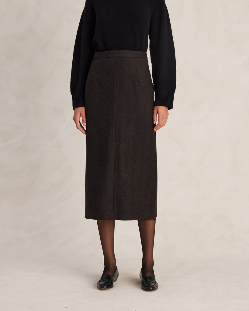 Brown Herringbone Wool Midi Skirt