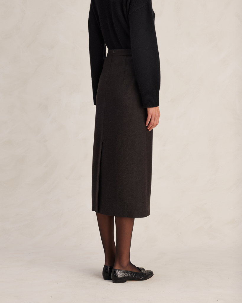 Brown Herringbone Wool Midi Skirt