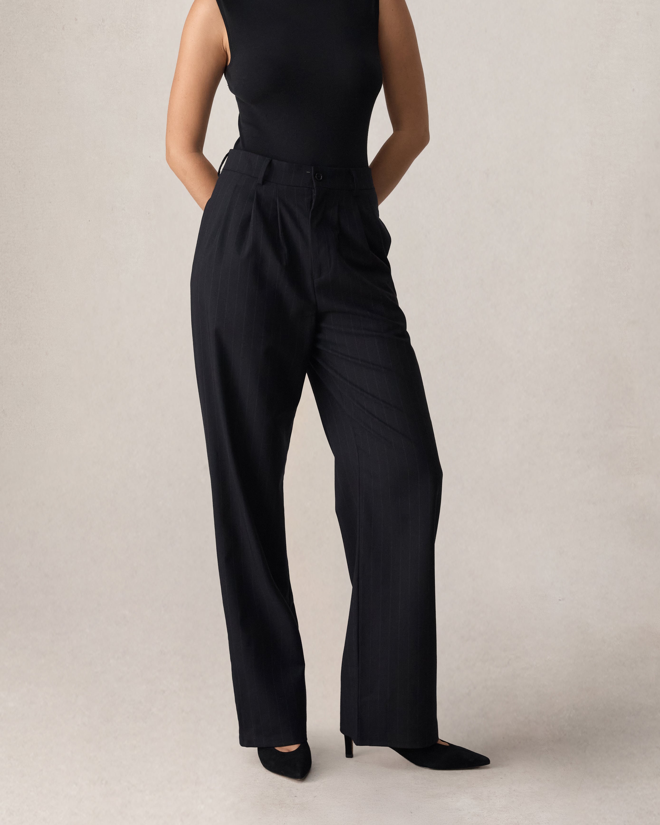 Ava Pleated Trouser - Navy Pinstripe