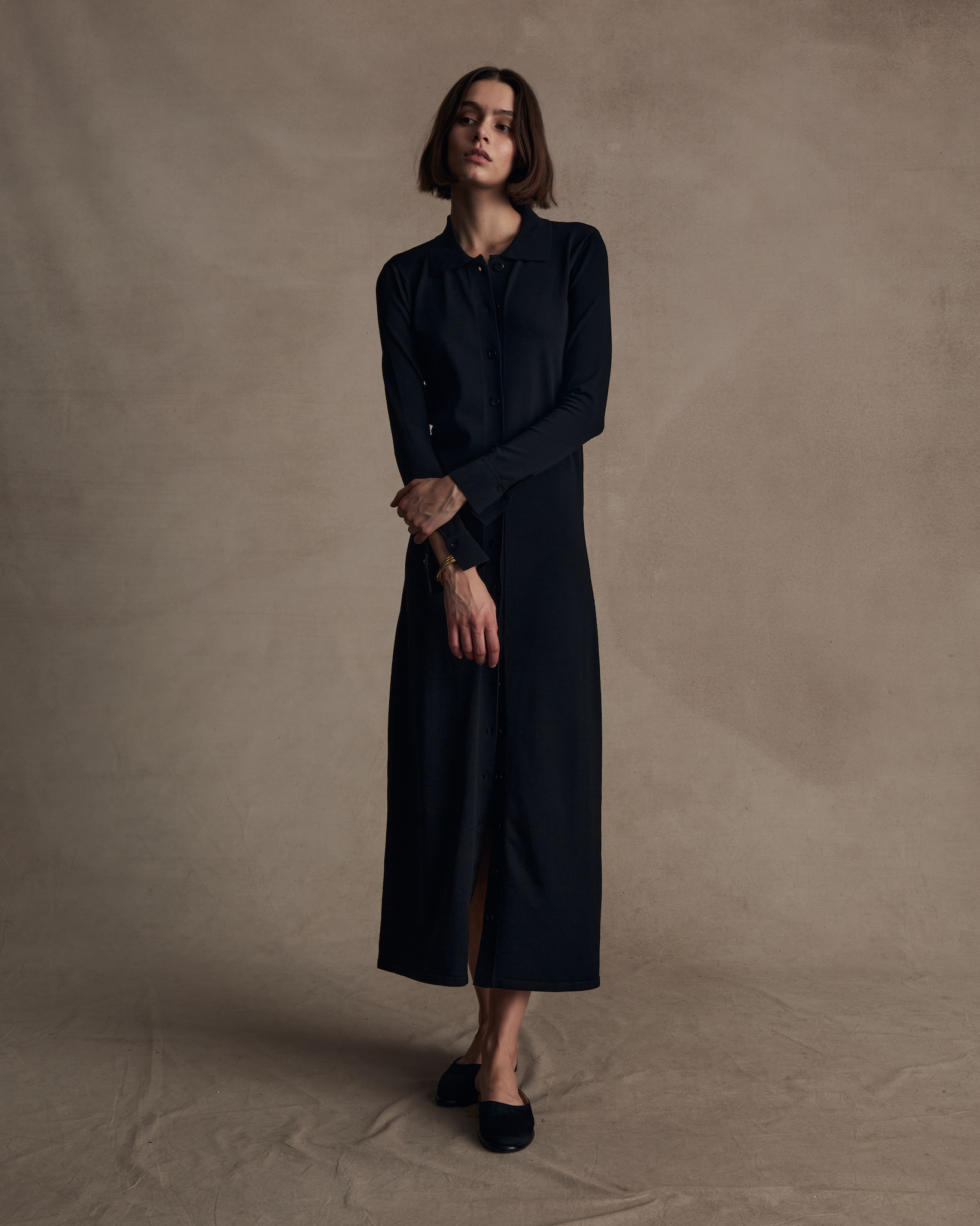 Crepe Knit Shirt Dress - Black