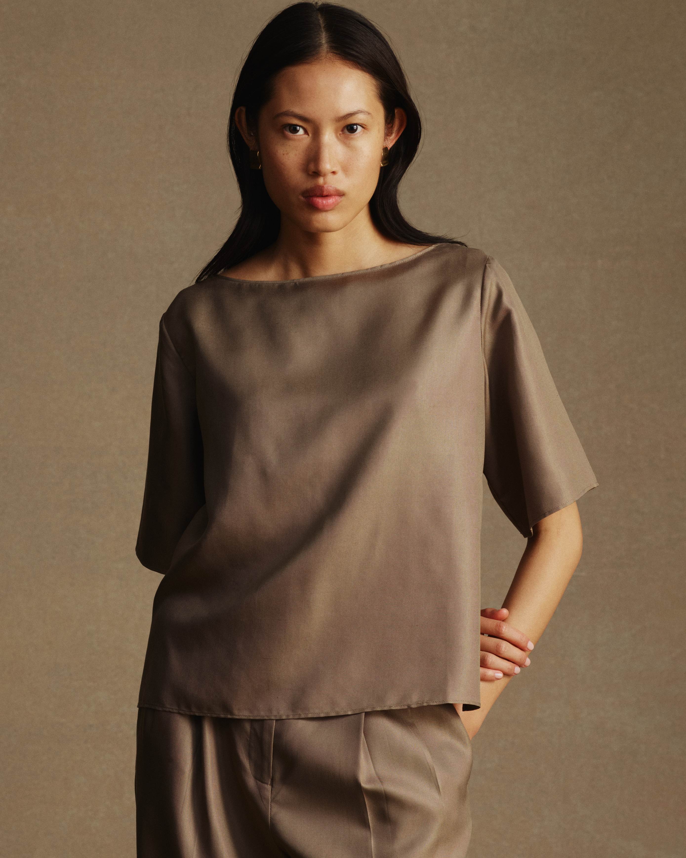 Boat Neck Top - Taupe Dupioni