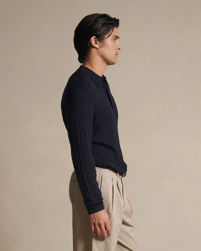 Merino Cable Knit Polo - Navy