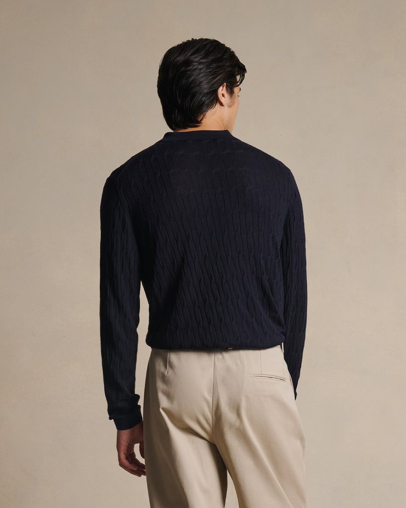 Merino Cable Knit Polo - Navy