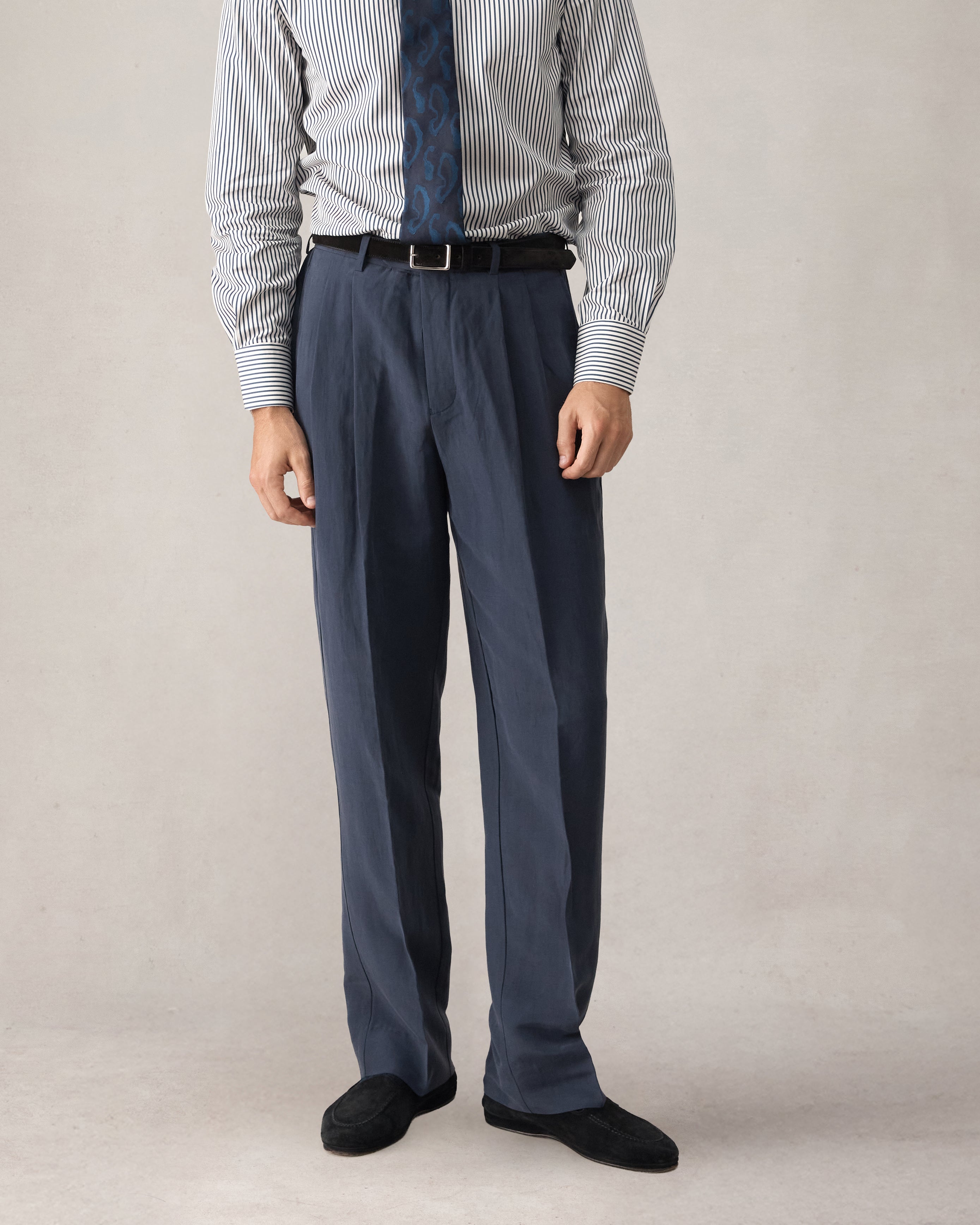 Double Pleated Trouser - Navy Silk Linen
