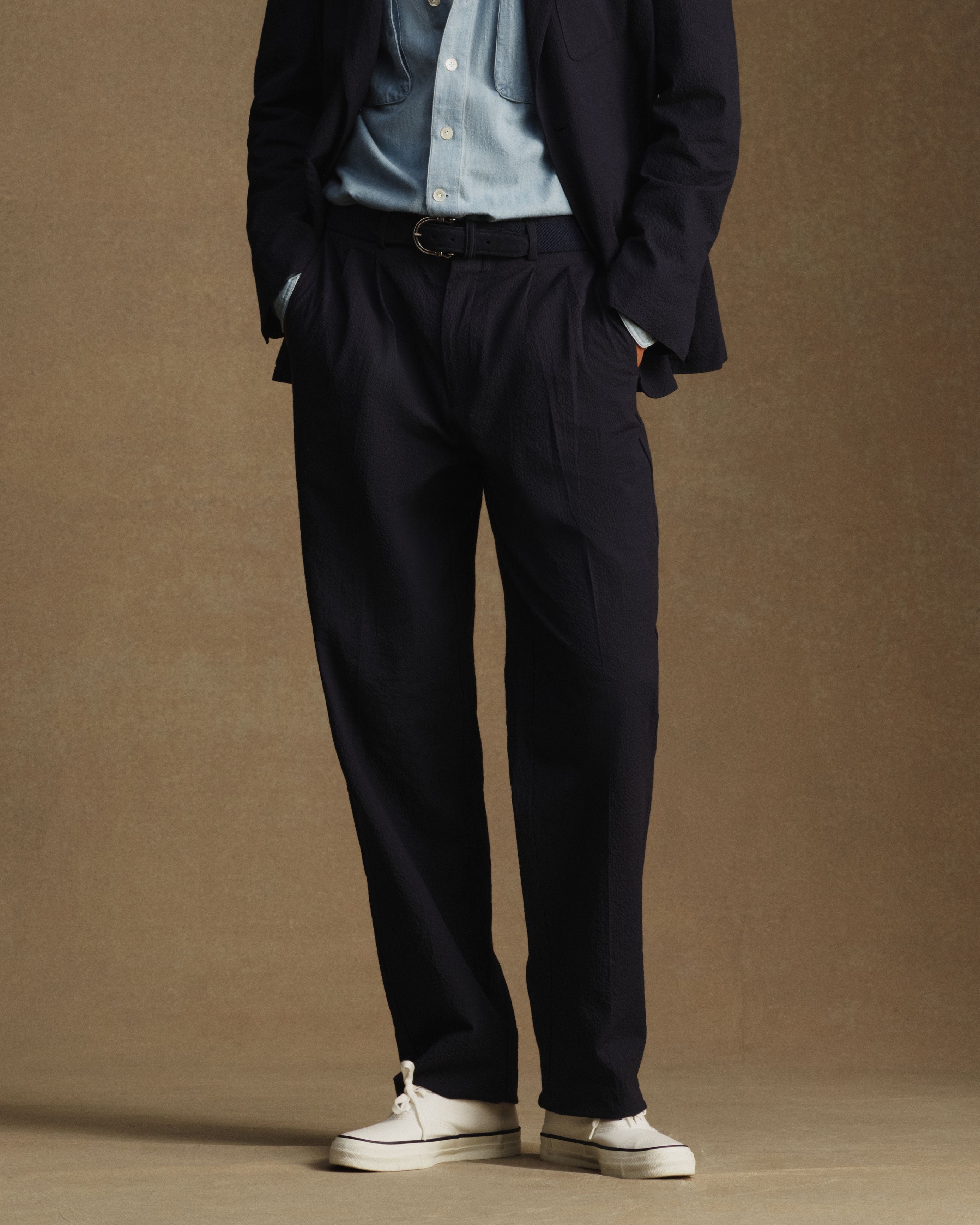 Double Pleated Trousers - Navy Seersucker
