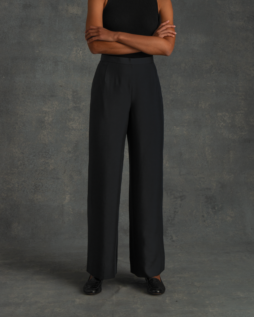 Balerno Elasticated Waist Palazzo Trousers Black Silk - Welcome to