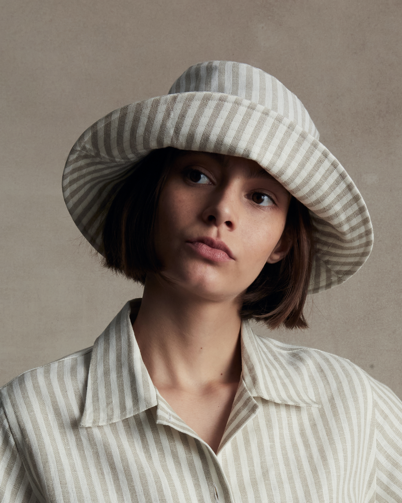 Natural Stripe Linen Femme Bucket Hat