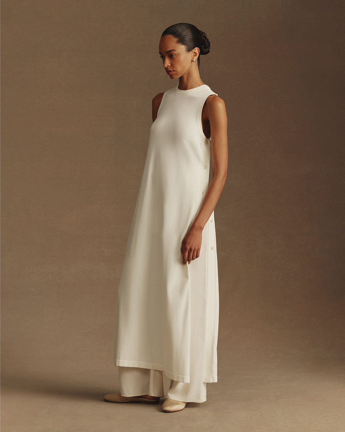 Crepe Knit Button Dress - Off White