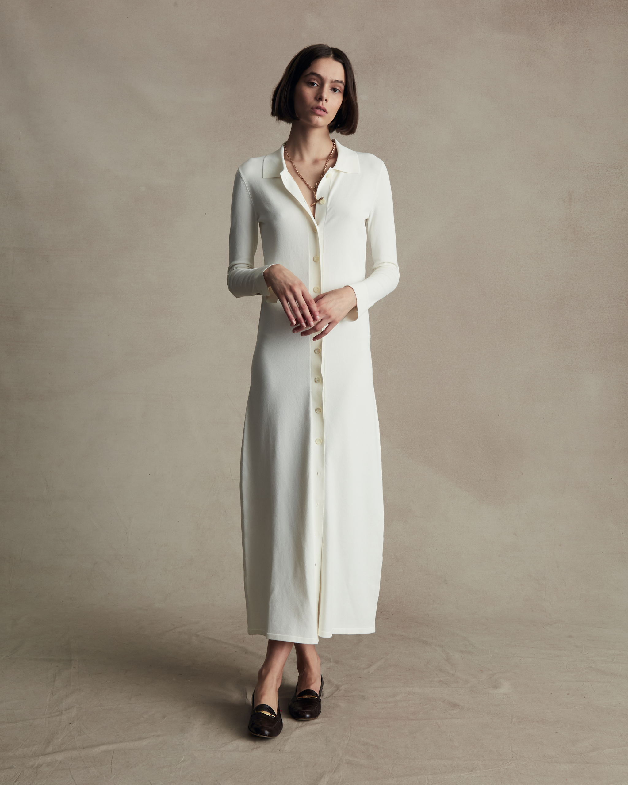 Crepe Knit Shirt Dress - Off White