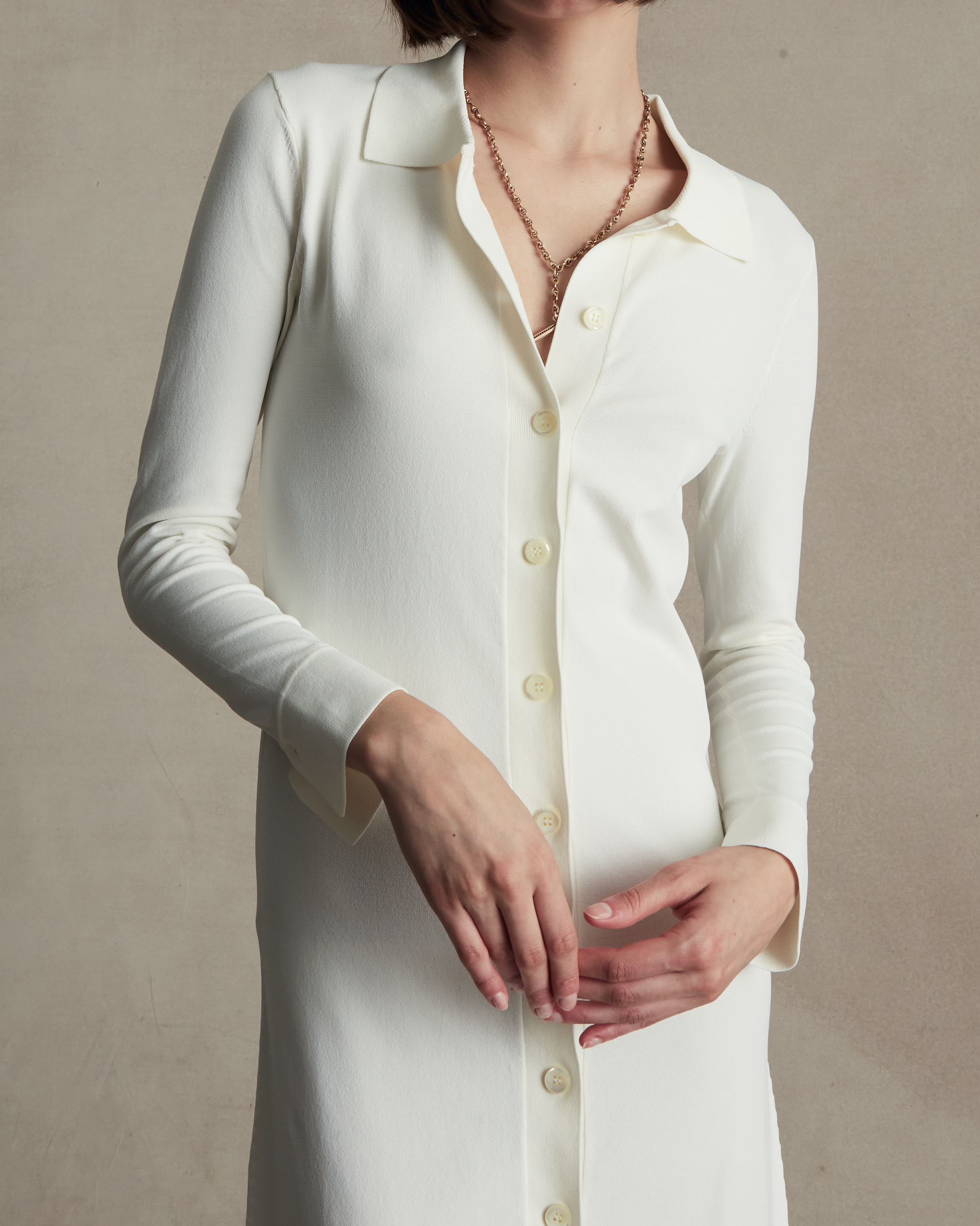 Crepe Knit Shirt Dress - Off White