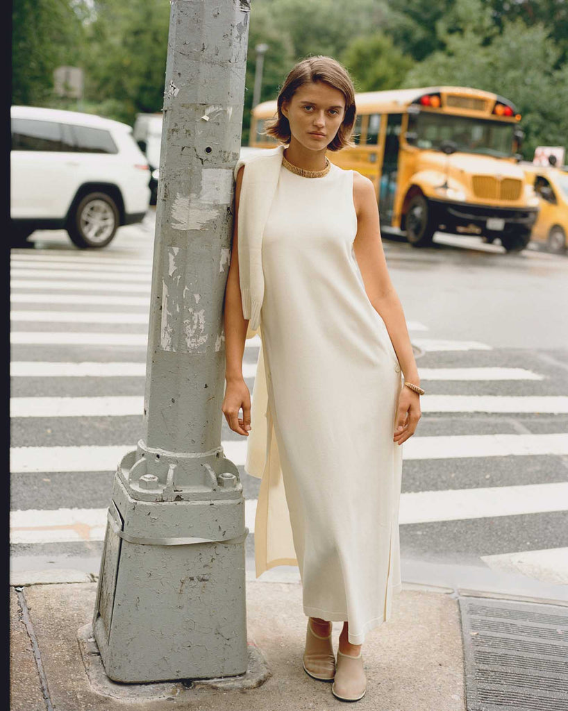 Crepe Knit Button Dress - Off White