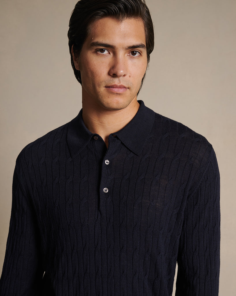 Merino Cable Knit Polo - Navy