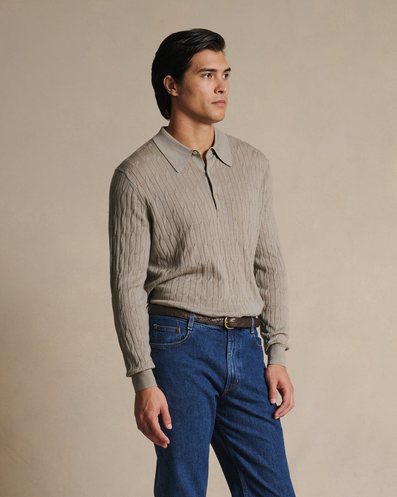 Merino Cable Knit Polo - Stone
