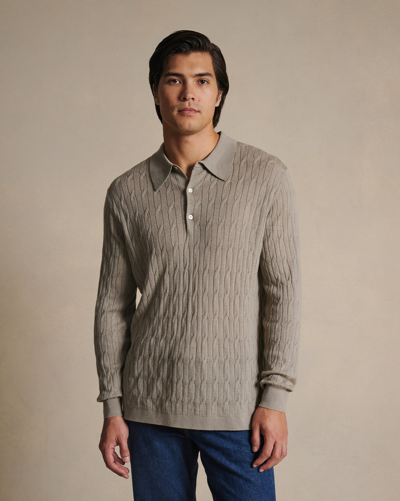 Merino Cable Knit Polo - Stone