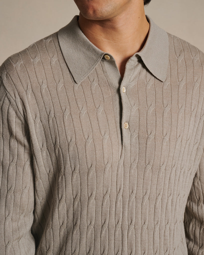 Merino Cable Knit Polo - Stone