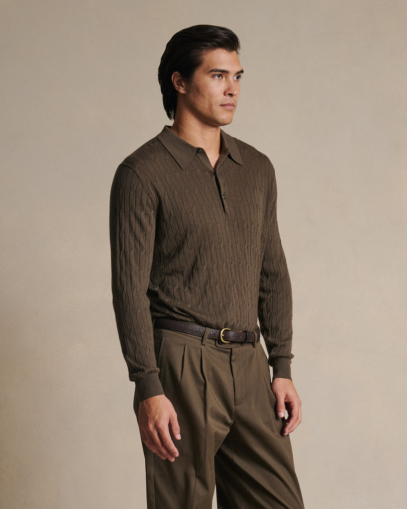 Merino Cable Knit Polo - Moss