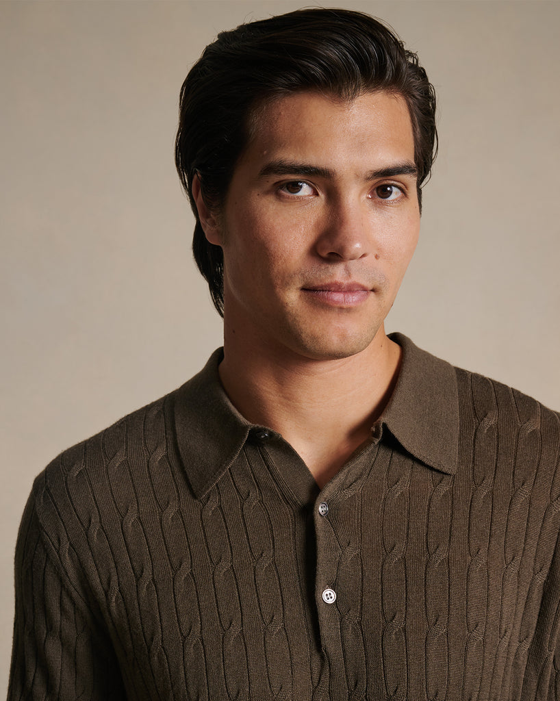 Merino Cable Knit Polo - Moss