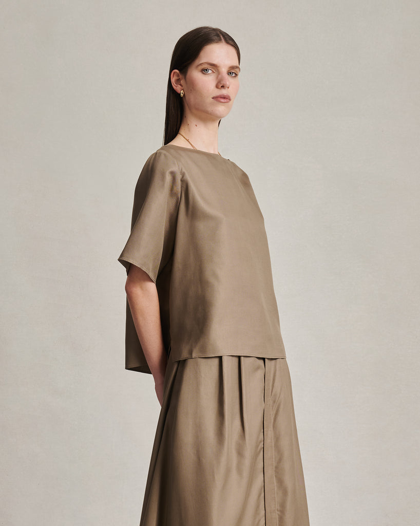 Boat Neck Top - Taupe Dupioni