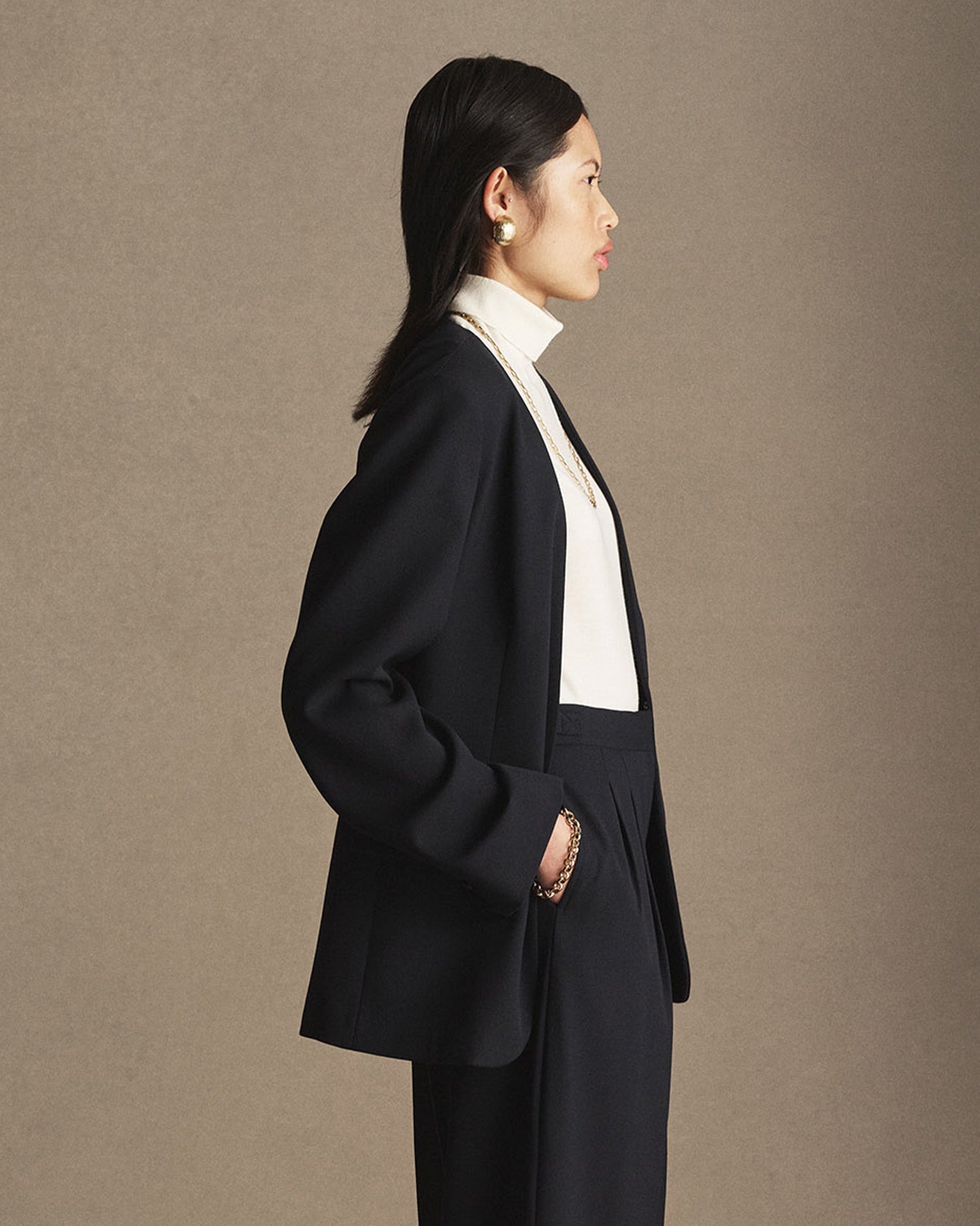 Annie Collarless Blazer - Navy Wool Twill