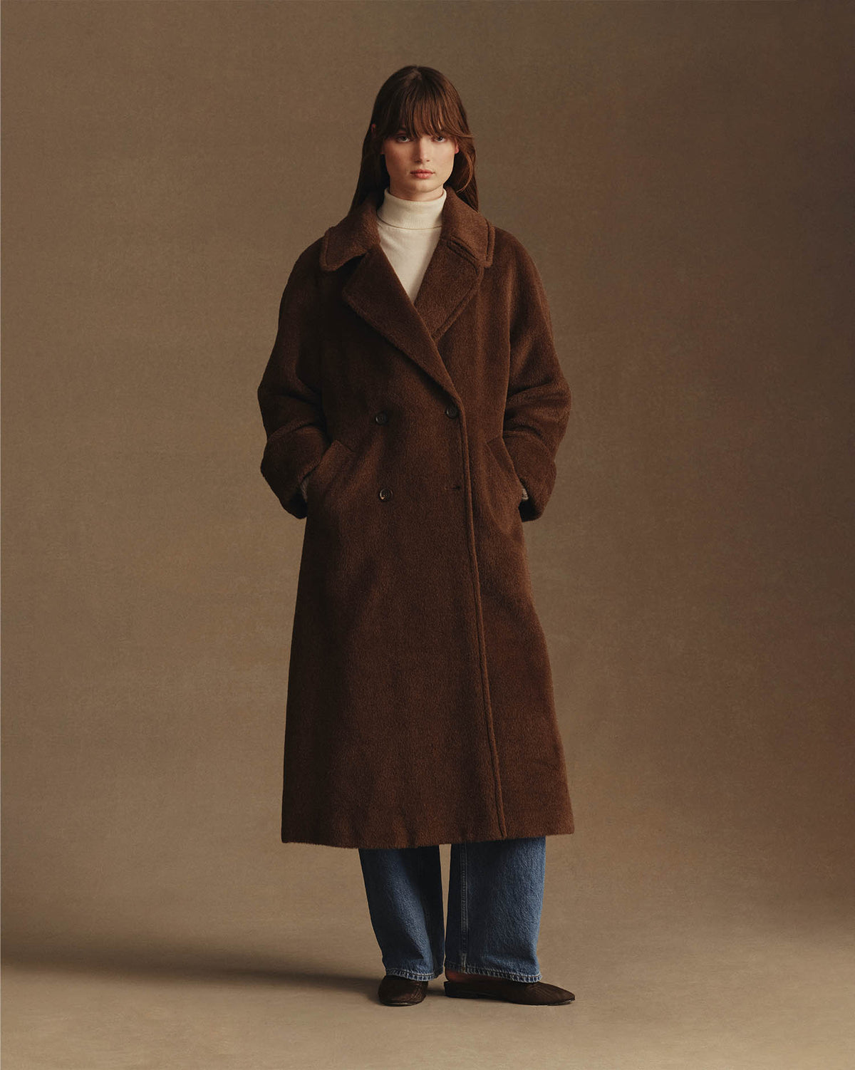 Double Breasted Raglan Overcoat - Brown