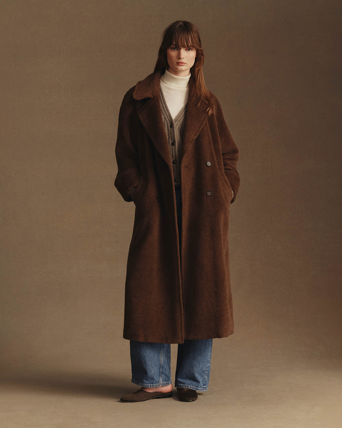 Double Breasted Raglan Overcoat - Brown