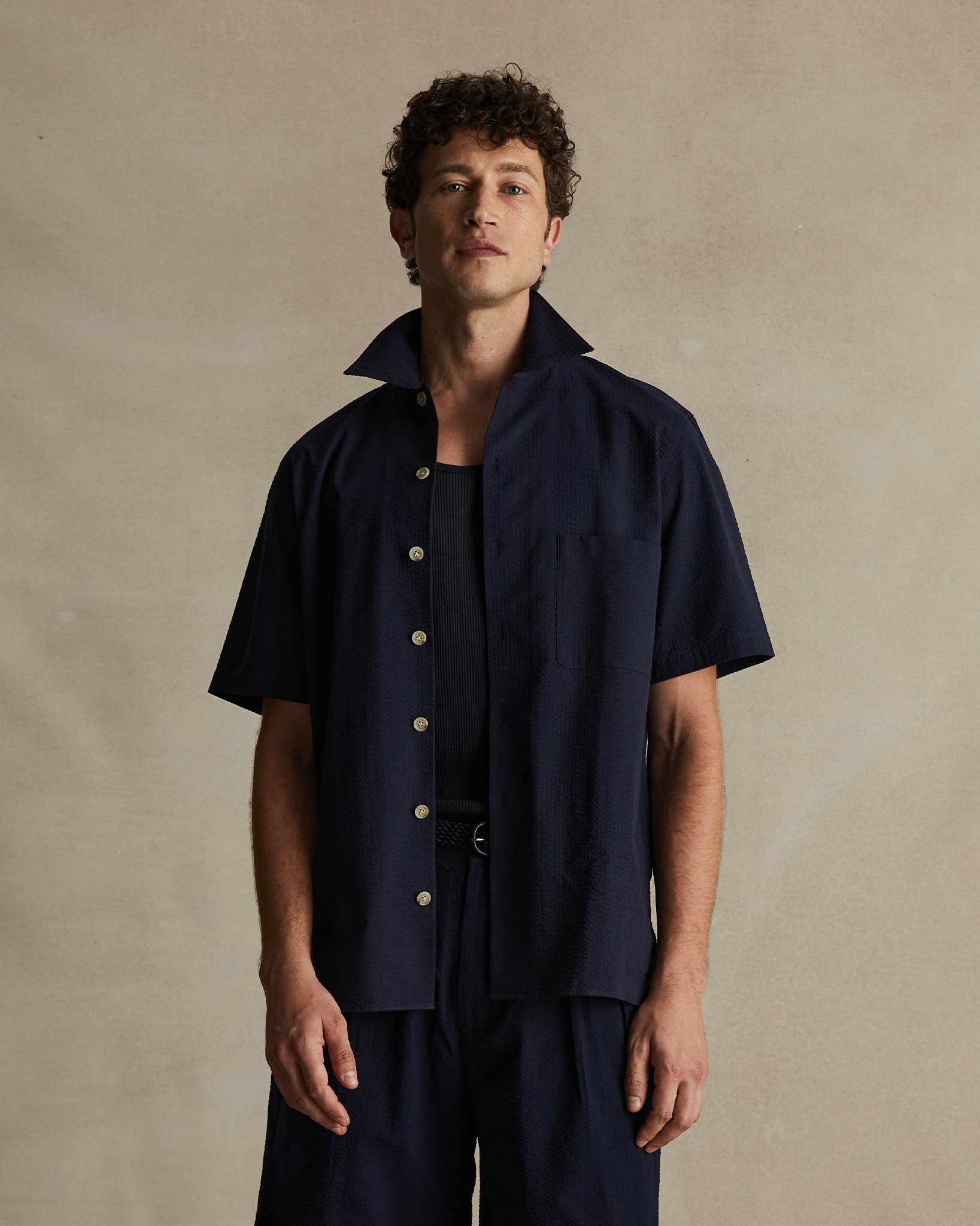 Navy Seersucker Camp Collar Shirt | P Johnson