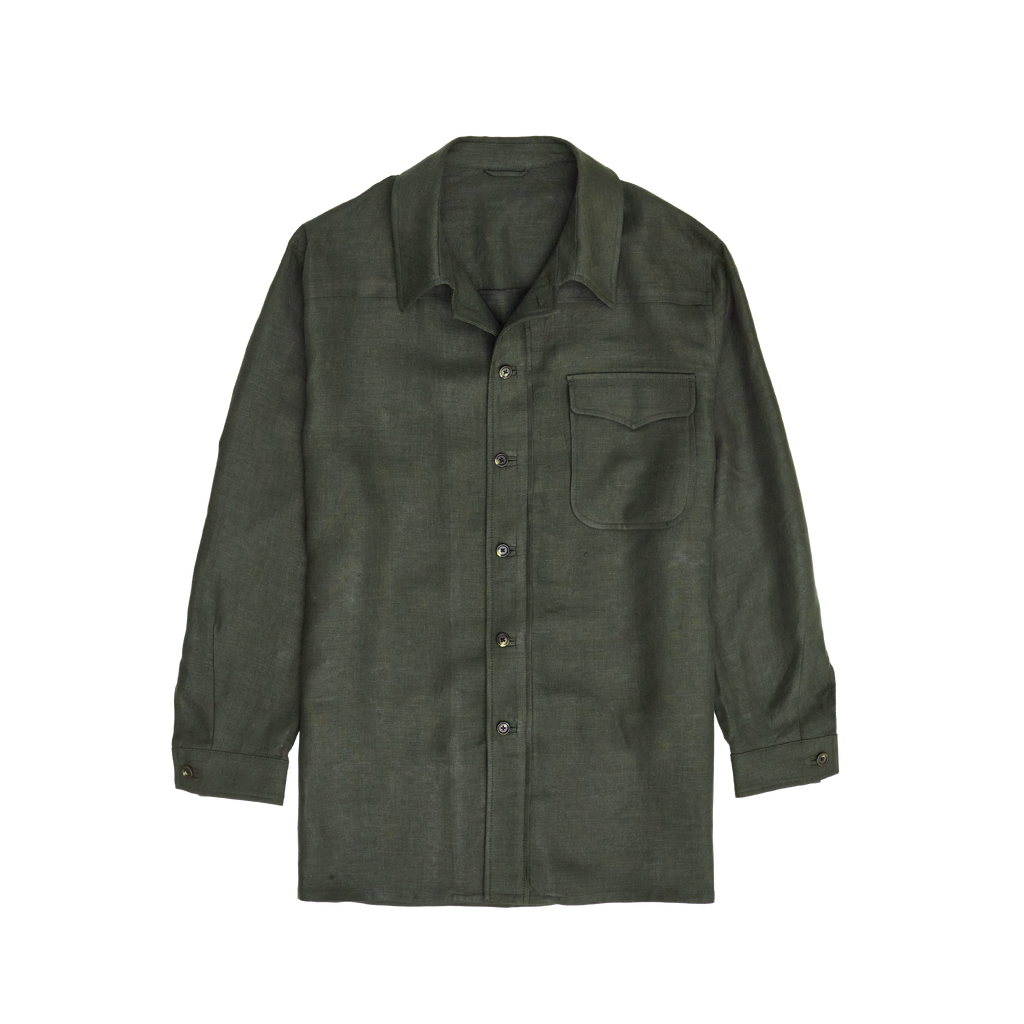 Dark Green Twill Linen Corbu Overshirt | P Johnson