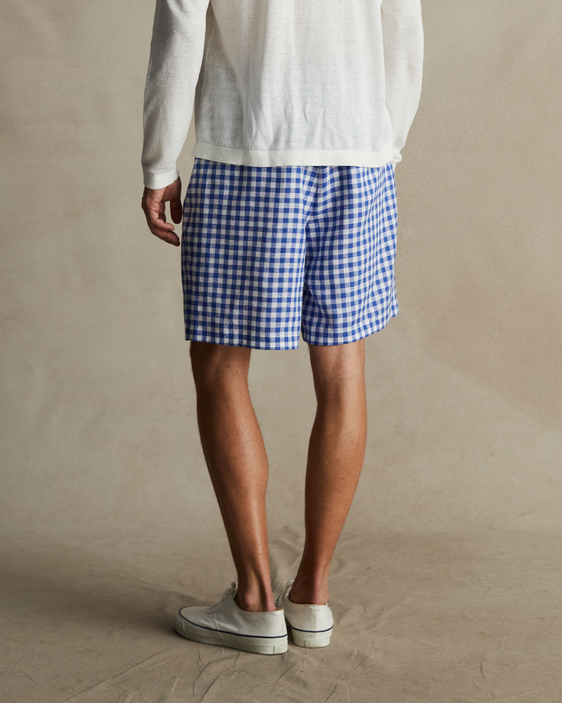 Blue Gingham Pleated Chino Shorts