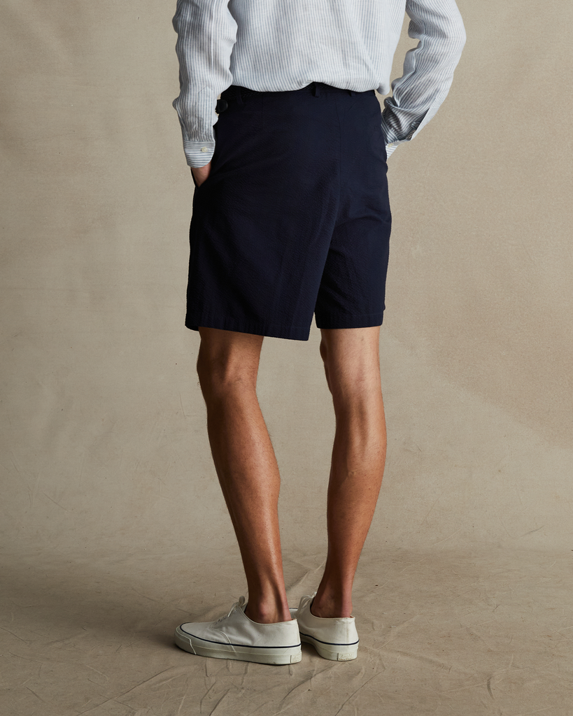 Navy Seersucker Pleated Chino Shorts