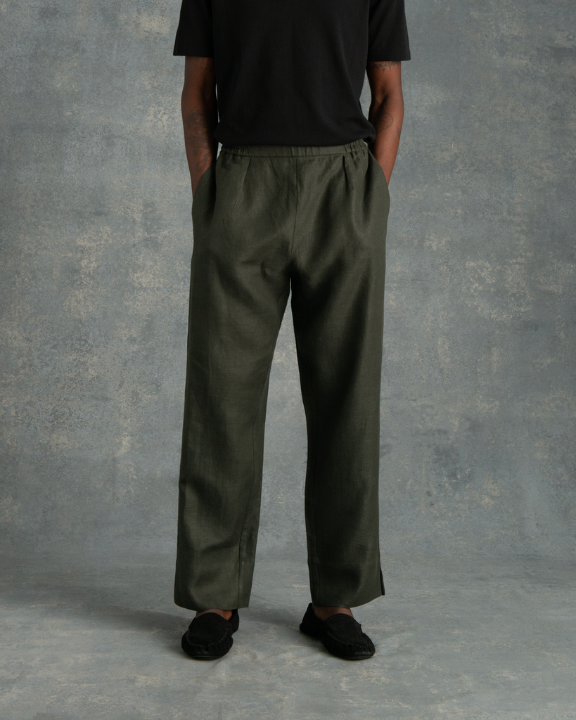Dark Green Twill Linen Resort Pants