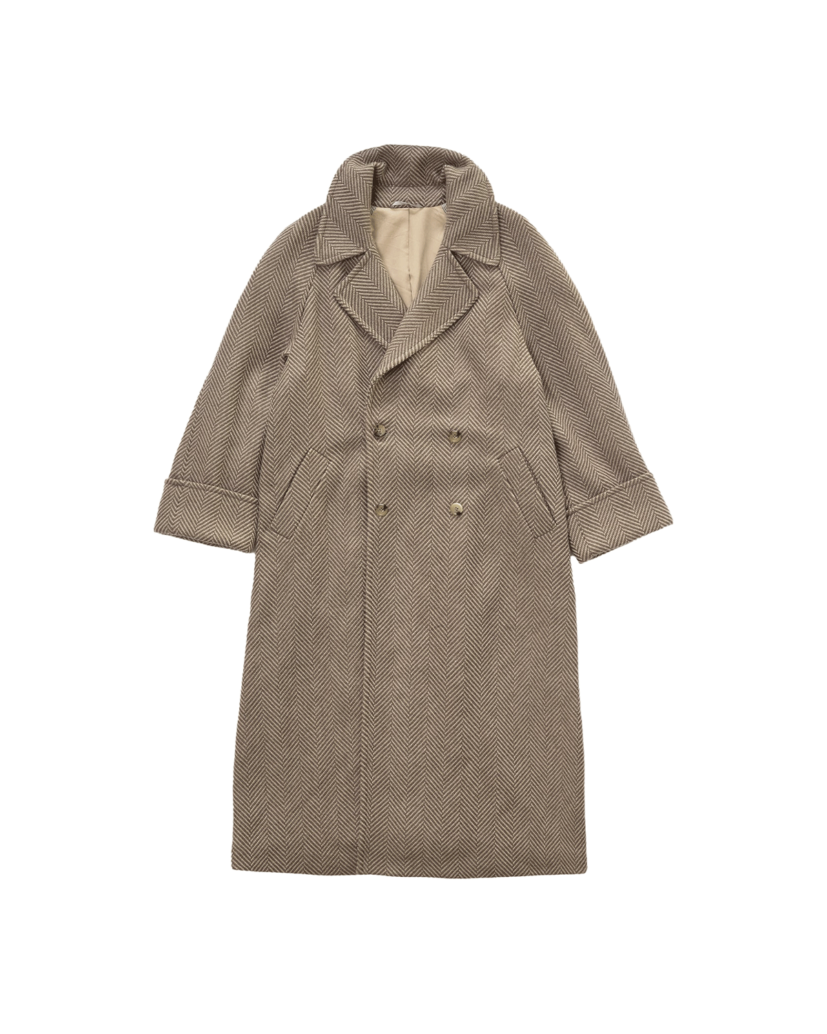 Double Breasted Raglan Overcoat - Taupe Herringbone