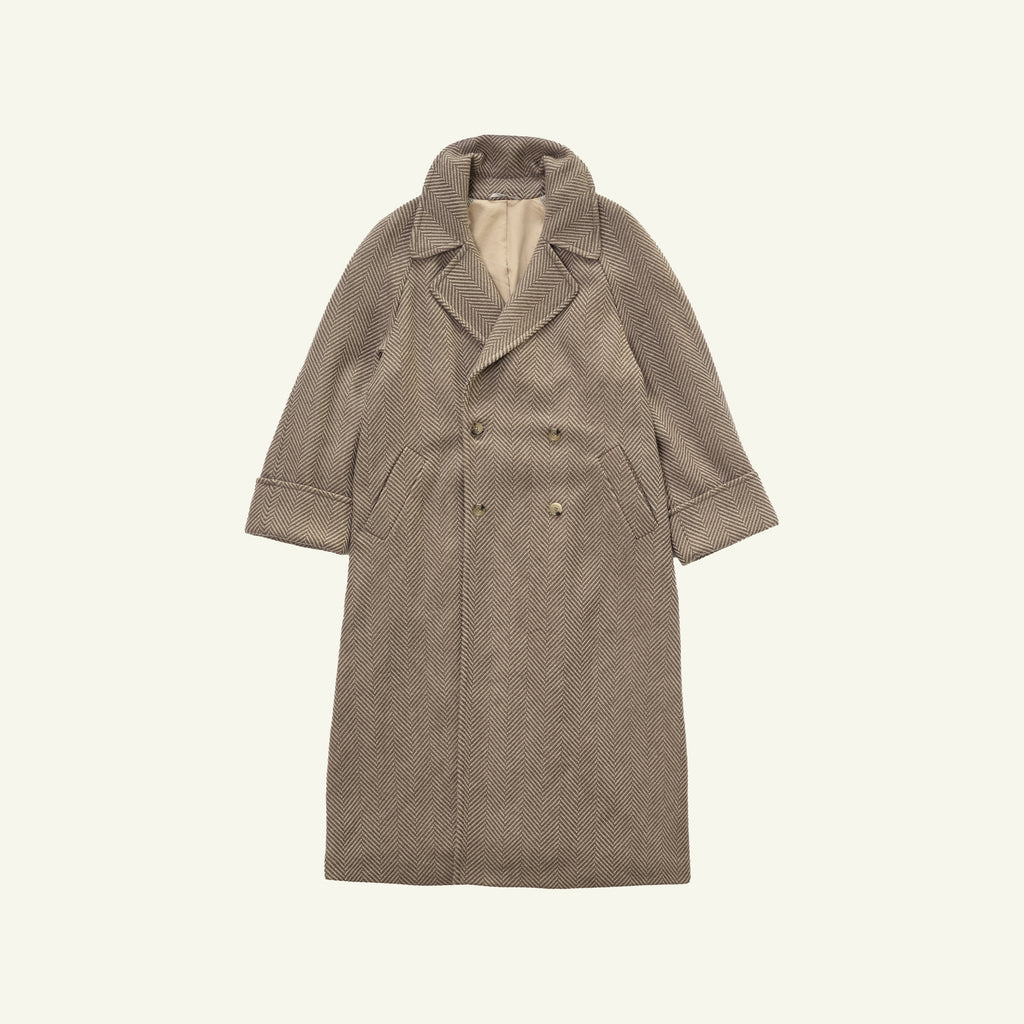 Double Breasted Raglan Overcoat - Taupe Herringbone