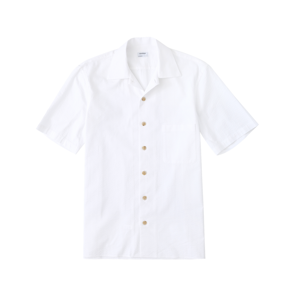 White Seersucker Camp Collar Shirt