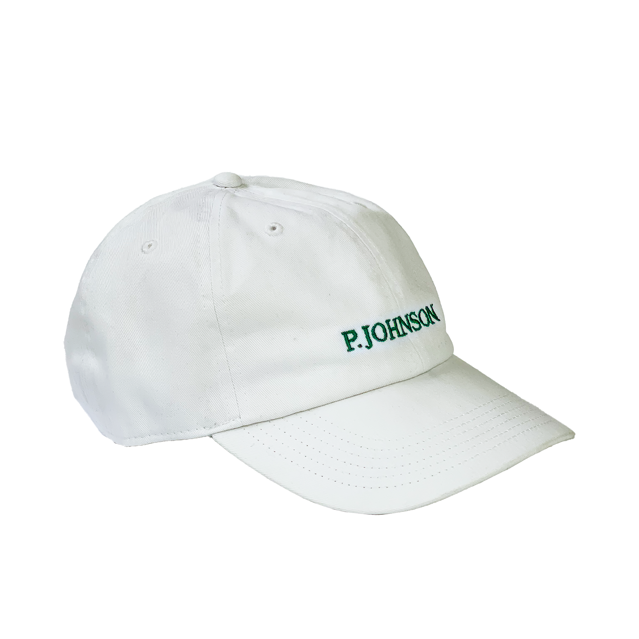 P Johnson White Serif Dad Cap