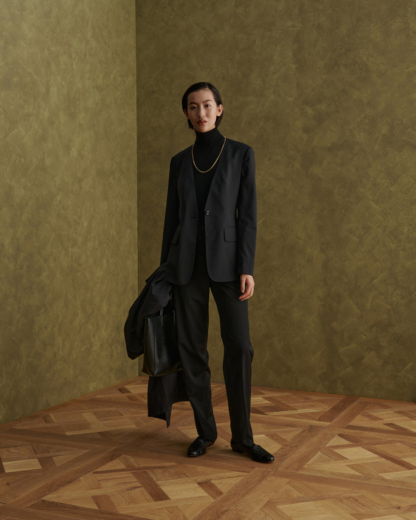 Black Wool Twill Waisted Sans Lapel Suit