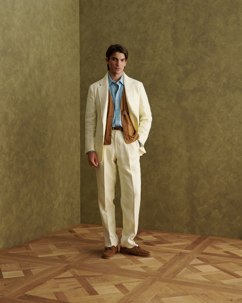 Off White Herringbone Linen Single Breasted Suit