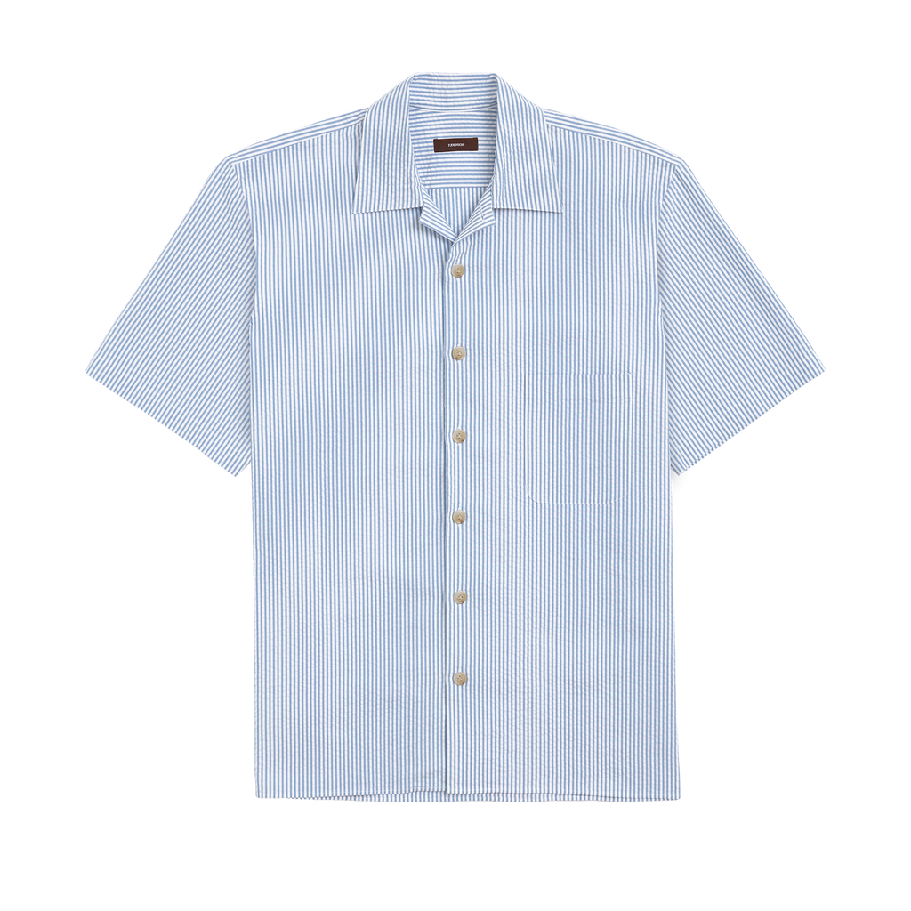 Blue Stripe Seersucker Camp Collar Shirt P Johnson